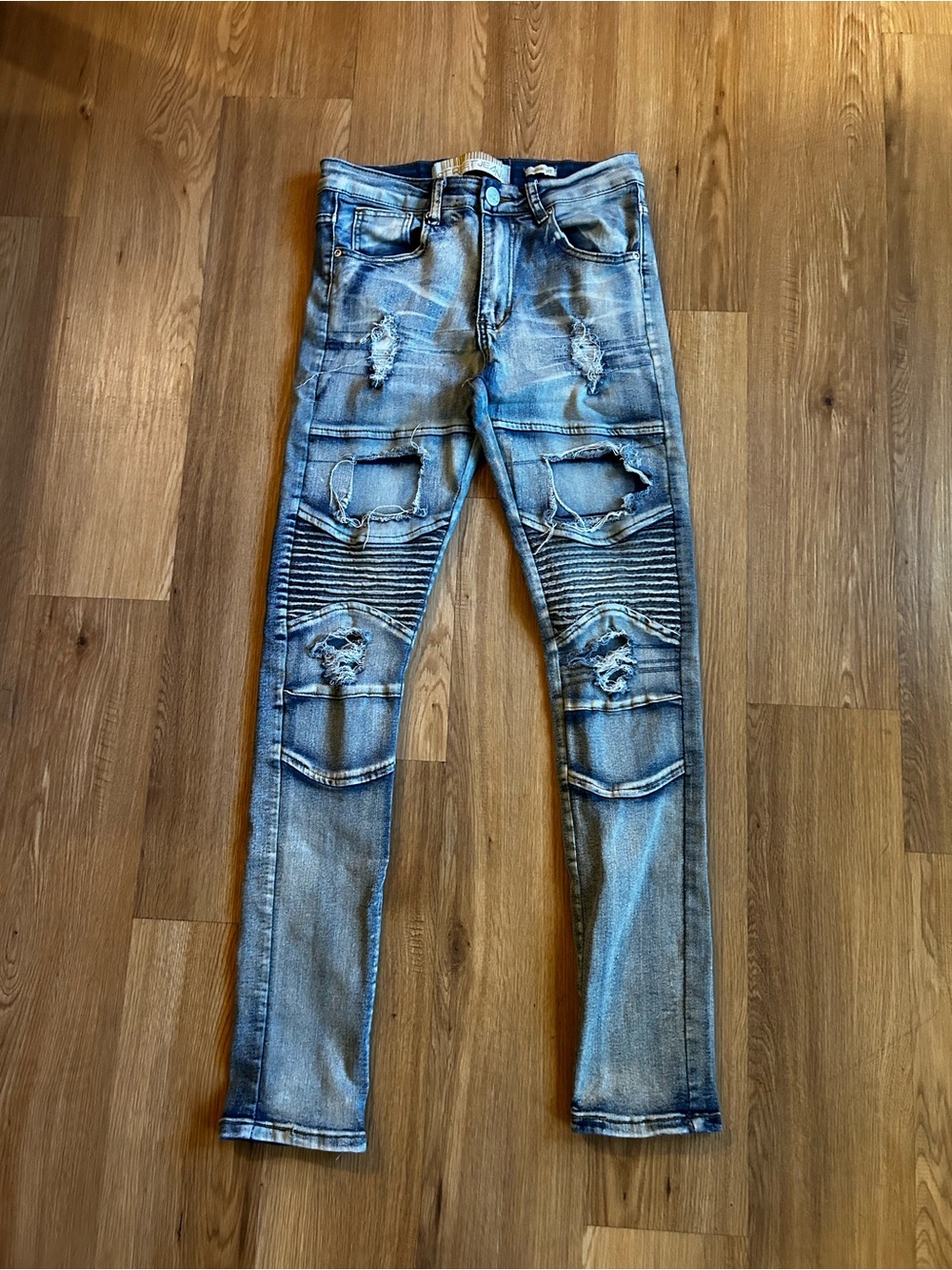 Men's Skinny Distressed Biker Jeans - Light Blue